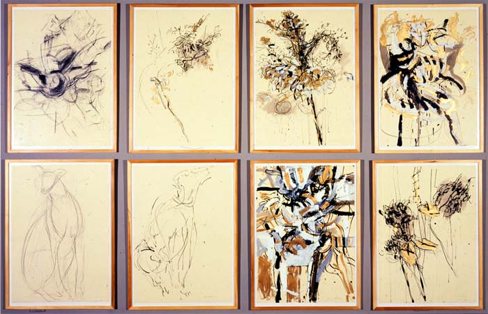 eight drawings installation view, 1987, graphite, charcoal, ink, and gold paint on paper, 38x42in